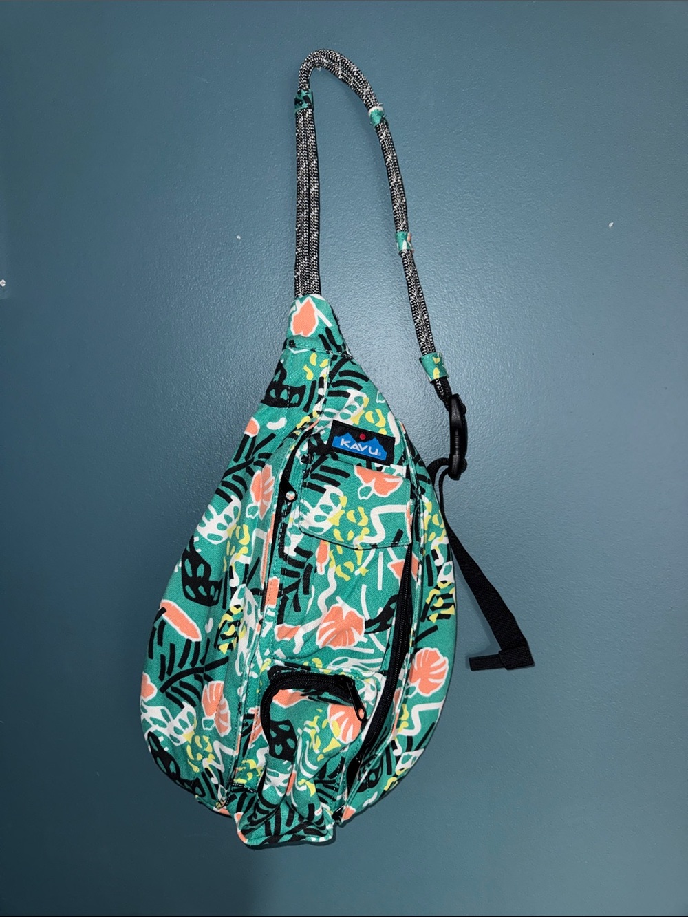 KAVU Teal Floral Rope Sling Pack